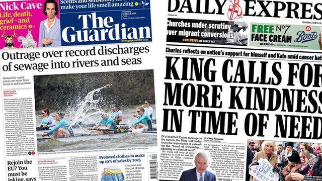 The front pages of the Guardian and the Daily Express on Thursday 28 March 2024