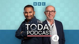 A torquoise and teal graphic featuring images of Amol Rajan and Nick Robinson and the accompanying text reads: THE TODAY PODCAST