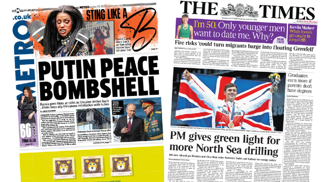 The front pages of the Metro and the Times on Monday 31 July 2023, featuring stories about Russia's war in Ukraine and Conservative plans to approve more drilling for fossil fuels in the North Sea