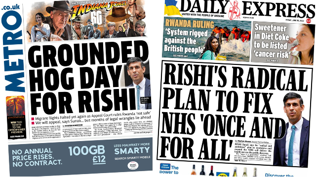 The front pages of The Metro and The Daily Express, showing headlines on 30 June 2023