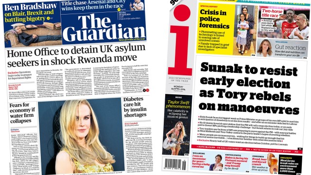 The front pages of the Guardian and i for 29 April 2024