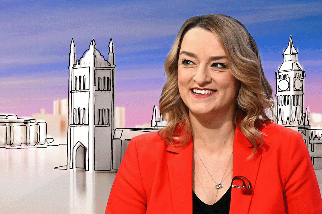 Laura Kuenssberg against an illustrated skyline, including the Houses of Parliament.