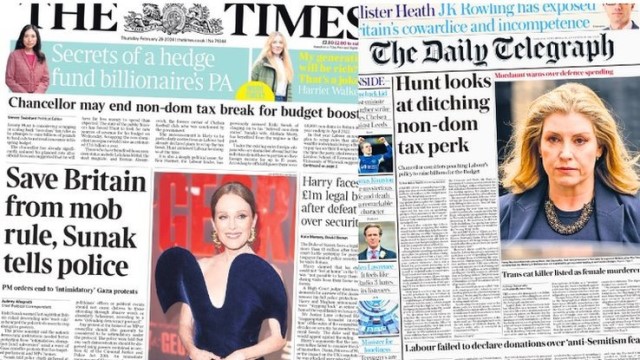 The front pages of the Times and the Telegraph for Thurs Feb 29 2024