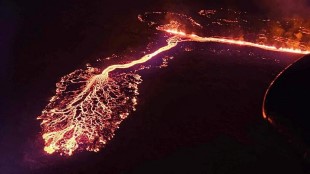 An aerial view of lava spewing from the Iceland volcano