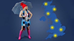 Weather presenter Sarah Leigh Barnett poses while holding an umbrella and wearing and bikini, a scarf, a knitted hat and a pair of wellington - she stands next to a weather of the UK