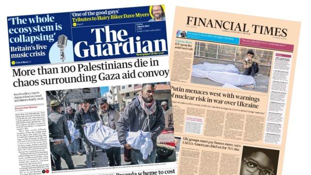 The front pages of the Guardian and the FT for Friday 1st March 2024