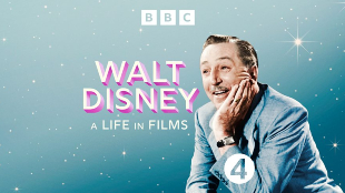 Stylised image showing Walt Disney resting his head on his hand and smiling, with a twinkling, starry background and the title 'Walt Disney: A Life In Films' for Radio 4