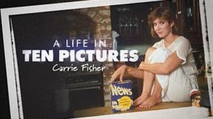 A graphic featuring an image of a young Carrie Fisher, and the text reads: A LIFE IN TEN PICTURES: CARRIE FISHER