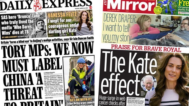 The front pages of the Daily Express and the Daily Mirror on Tuesday 26 March 2024