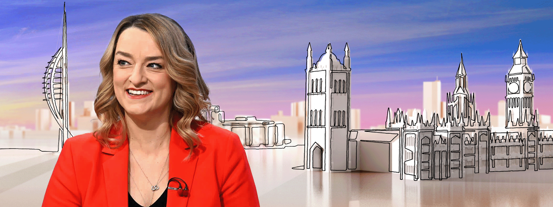 Laura Kuenssberg against an illustrated skyline, including the Houses of Parliament.