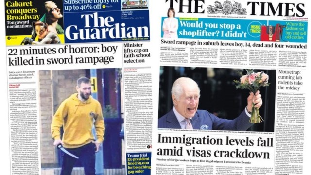 The front pages of the Guardian and Times for Weds 1 May 2024