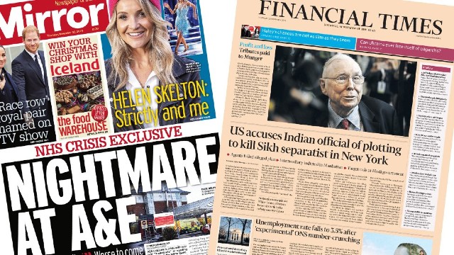 The front pages of the Daily Mirror and the Financial Times on Thursday 30 November 2023