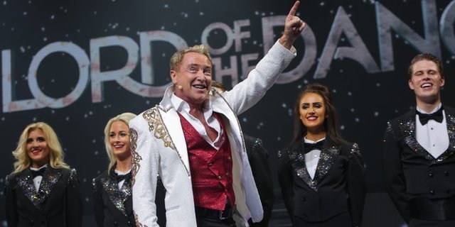 Michael Flatley ands fellow dances during a performance of Lord of the Dance