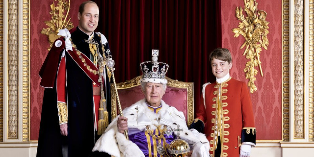 King Charles, Prince William and Prince George pictured in Buckingham Palace on the day of the King's Coronation