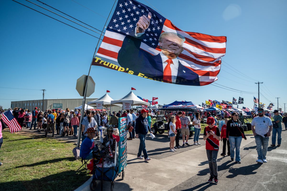 A Trump flag waves at a rally in Texas