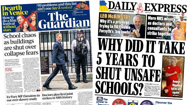 The front pages of the Guardian and the Daily Express on Friday 1 September 2023