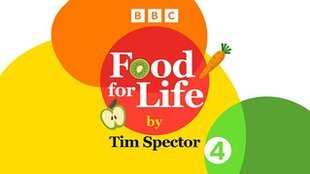 A graphic featuring illustrations of items of fruit and vegetables and teaxts that reads: Food for Life by Tim Spector