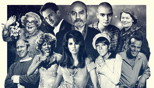 A graphic showing Barry Humphries as Dame Edna Everage, Matthew Perry, George Alagiah, Glenda Jackson, Sir Bobby Chalrton, Tina Turner, Raquel Welch, Mary Quant and Harry Belafonte