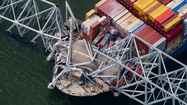 The Dali container ship after striking the Francis Scott Key Bridge in Baltimore