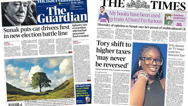 The front pages of the Guardian and the Times on Friday 29 September 2023