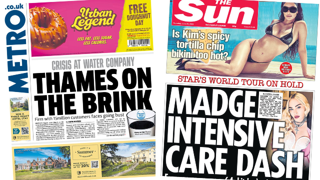 The Metro and The Sun's front pages from 29 June 2023, showing headlines about Thames Water and Madonna being taken into intensive care