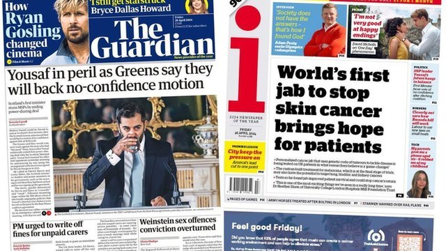 The front pages of the Guardian and the i On Friday 26 April 2024