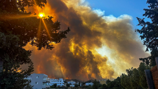 A view of a forest fire in Rhodes, Greece. The sun is seen through thick smoke at the top of the picture, while below are a collection of white Mediterranean buildings. The scene is framed by trees in the foreground