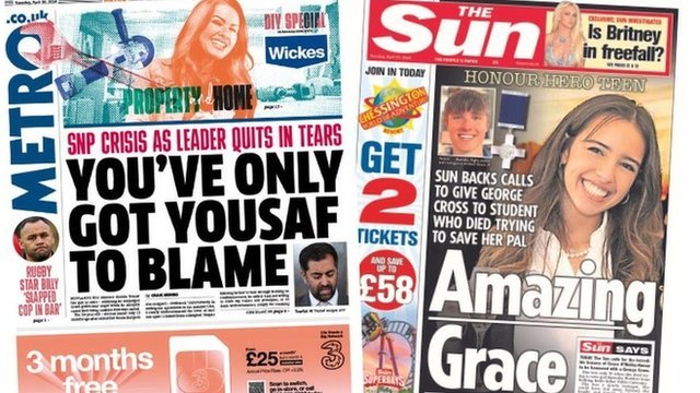 The front pages of the Metro and the Sun on Tuesday 30 April 2024