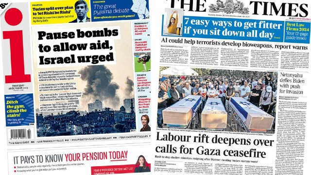 The front pages of the i and the Times on Thursday 26 October 2023