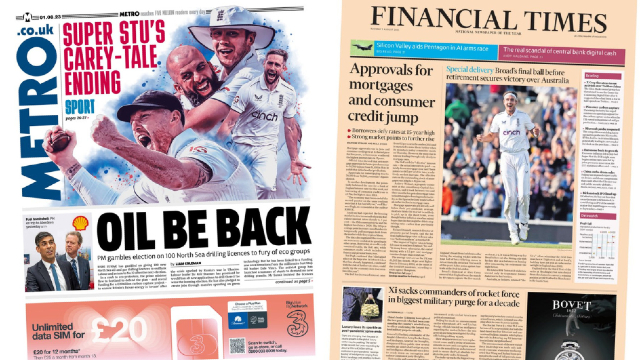 The front pages of the Metro and the Financial Times on 1 August 2023, featuring stories about Rishi Sunak announcing new fossil fuel projects in Scotland, figures on mortgage approvals and England winning the final Ashes Test to draw the series