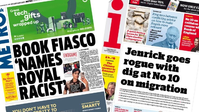 The front pages of the Metro and the i on Wednesday 29 November 2023