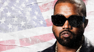 Image showing Kanye West wearing sunglasses and looking moody with a faded, grainy US flag in the background