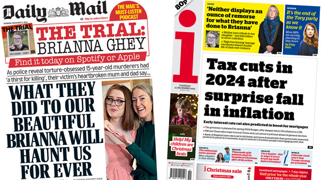 Front pages on 21 December 2023