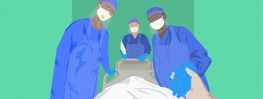 Graphic depicting a patient waking in intensive care, surrounded by medics
