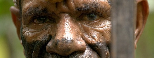 A tribal elder, Wiro Tambun, dressed for a ceremonial dance that tells the story of the land before mankind came along. 