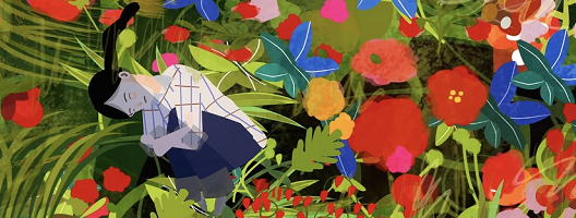 Illustration of a girl curled up surrounded by greenery and flowers