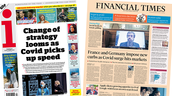 Composite image featuring i and Financial Times front pages