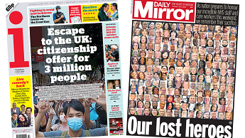 Composite image featuring i and Mirror front pages