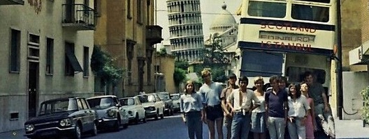 The 1968 CRD253 Group gang in front of their bus in Pisa