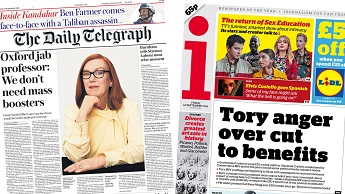 Composite image featuring Daily Telegraph and i front pages