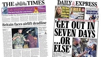 Composite image featuring Times and Daily Express front pages