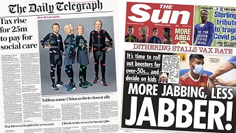 Composite image featuring Daily Telegraph and Sun front pages