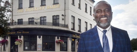Cesar Kimbirima outside the Brockley Barge, part of the Wetherspoon pub chain