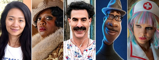 Chloe Zhao, Viola Davis as Ma Rainey, Sacha Baron Cohen as Borat, Joe Gardner voiced by Jamie Foxx, and Carey Mulligan as Cassie Thomas