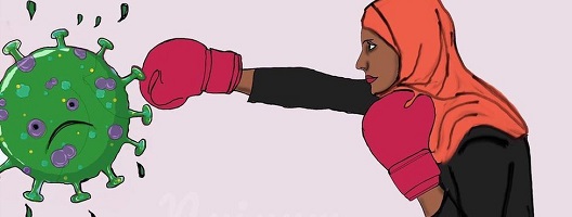 An illustration of a woman in boxing gloves punching coronavirus 