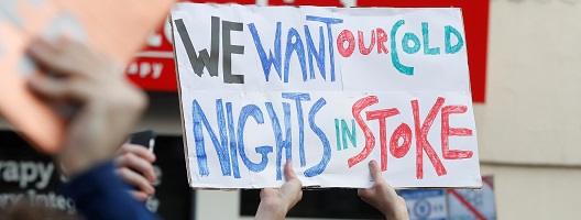 An anti-European Super League placard outside Chelsea's Stamford Bridge stadium
