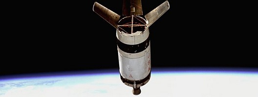 A spent S-IVb rocket floats in Earth orbit. View from Skylab Space Station 1973. NASA photo via Getty Images