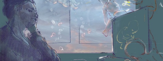 Drawing depicting a woman at a computer thinking of babies