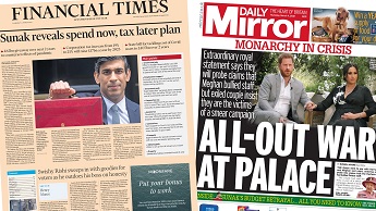 Composite image featuring Financial Times and Daily Mirror front pages