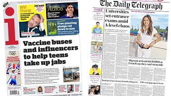 Composite image featuring i and Telegraph front pages